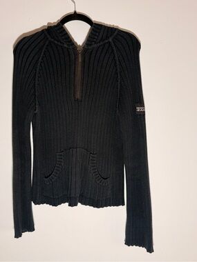 Dkny Vintage Black Ribbed Half-Zip Hooded Sweater